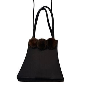 Carlo Fellini Mini Satin Tote Bag with Dark Brown
 Fur Pom Accents – Black